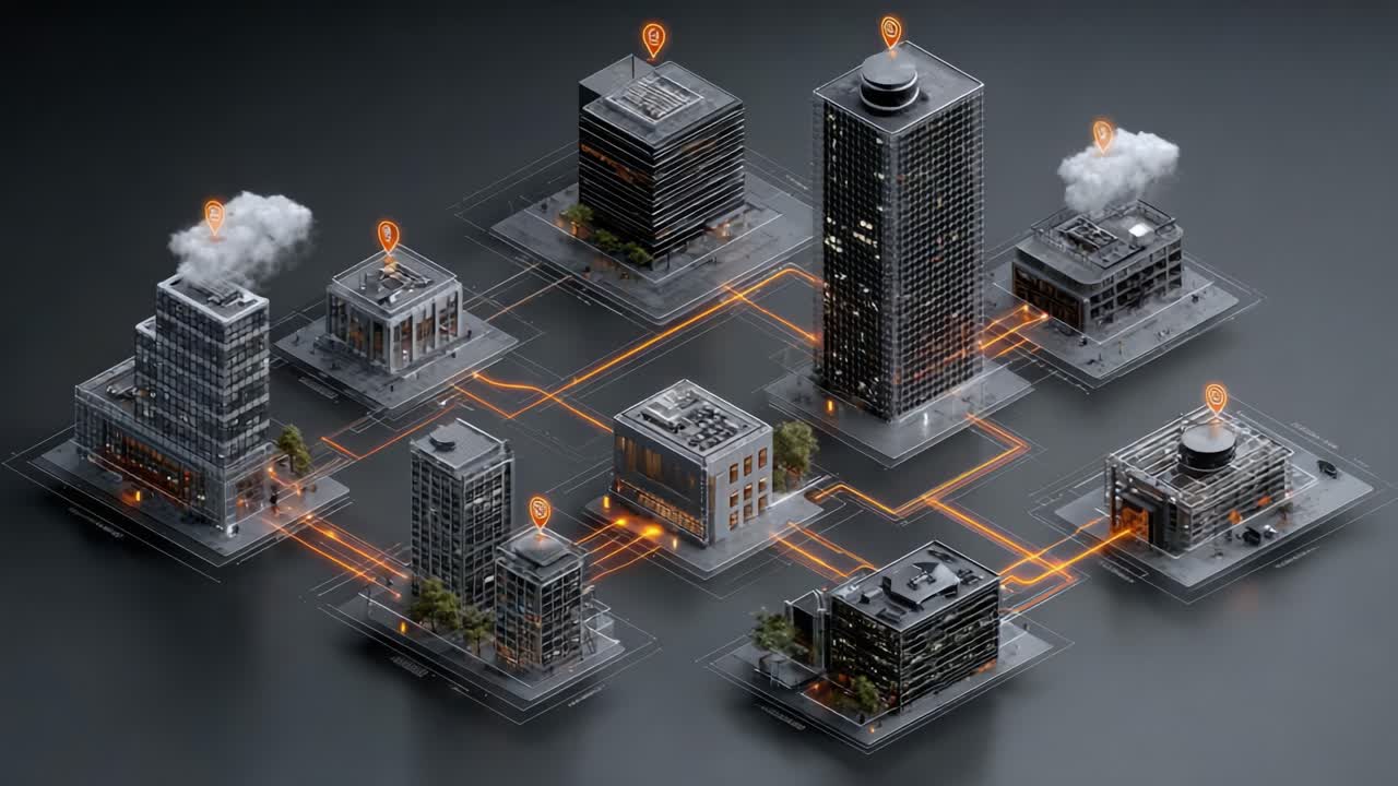 Aerial View of Futuristic Urban Planning: Connectivity Model with Smart Buildings, Networking Lines, and Industrial Indicators Representing Modern Infrastructure Development