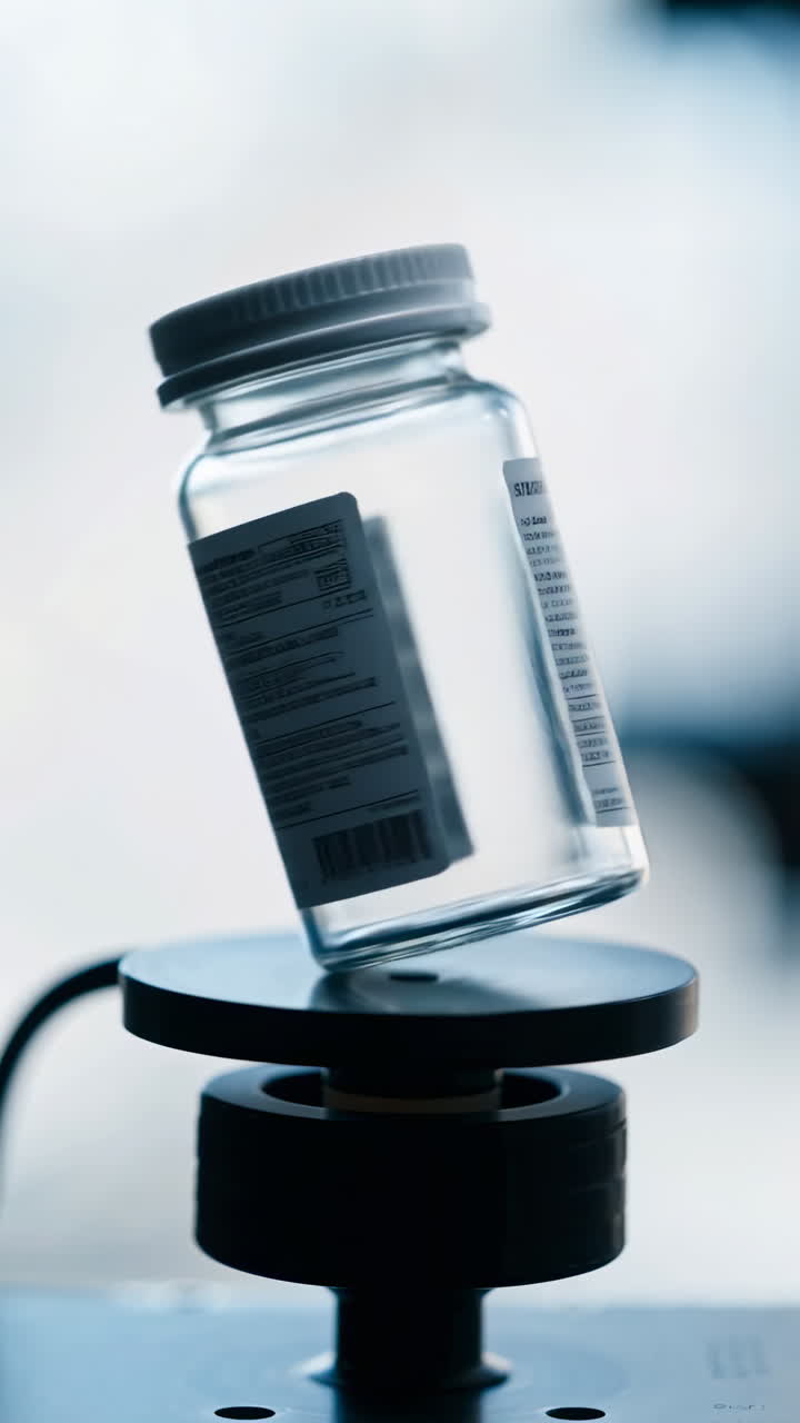 A clear glass medical bottle with a white cap on a testing device