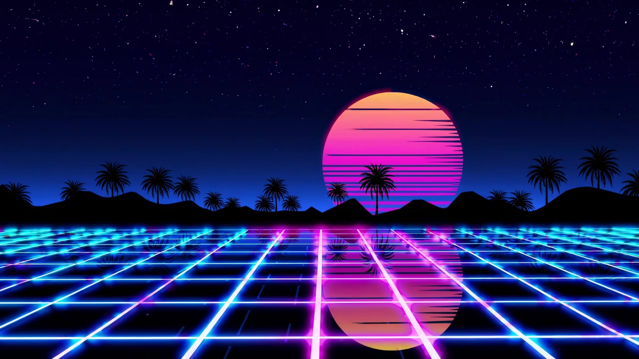 Retro Synthwave Landscape with Glowing Grid and Rising Sun