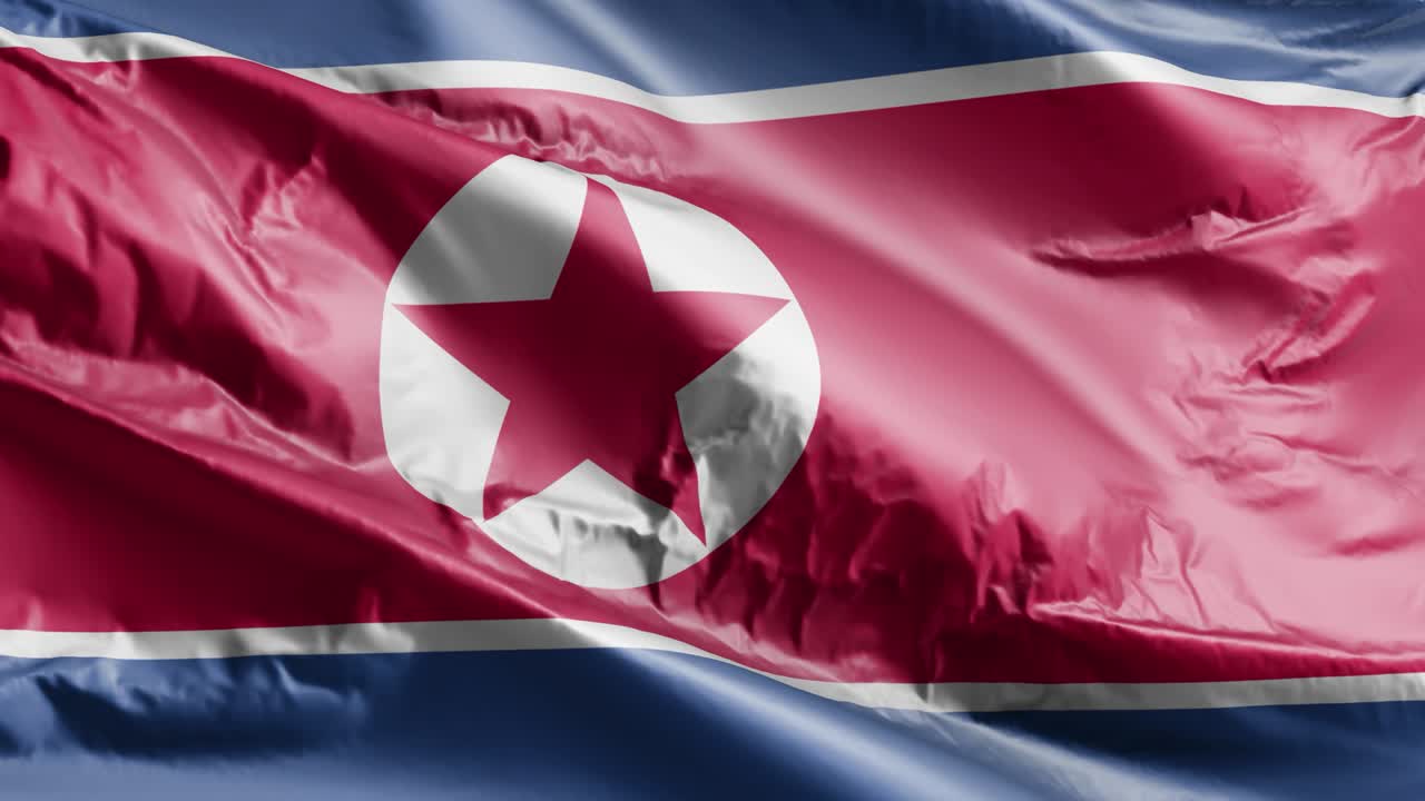 바람에 흔들리는 북한의 발, 바람에 휘어지는 북한의 국기, 완전히 채워진 배경, 10초의 루프.