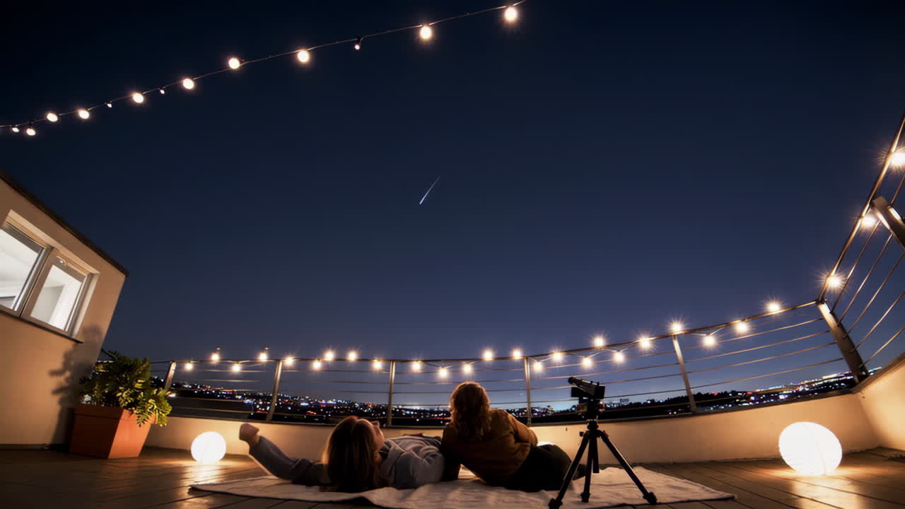 Two friends enjoying a night sky view on a rooftop
