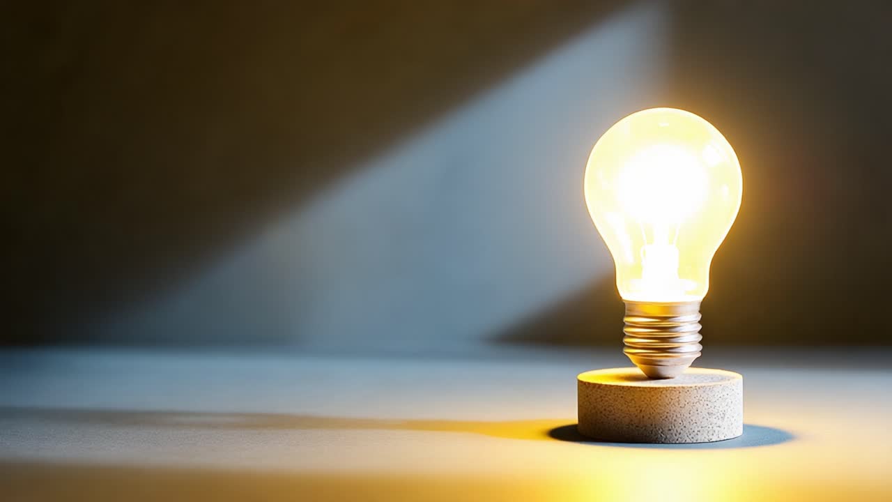 Beautifully Captured Light Bulb Illuminating a Surface with Subtle Shadows and Depth, Showcasing the Contrast Between Glow and Darkness in a Minimalistic Setting