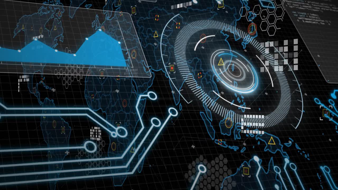 animación del procesamiento de datos y el mapa del mundo sobre fondo negro