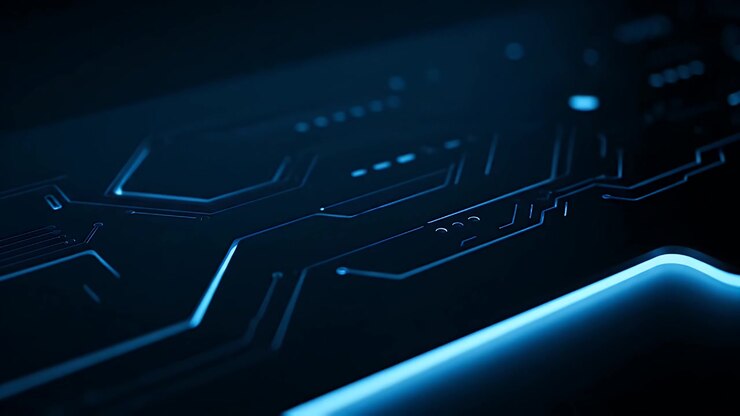 Circuito stampato digitale astratto con linee dati blu luminose