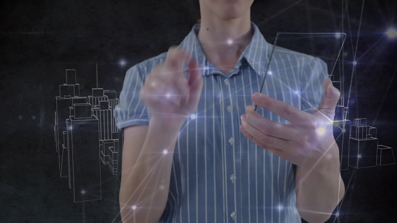 태블릿과 도시 풍경에 대한 연결 네트워크를 사용하여 코카시안 사업가의 애니메이션