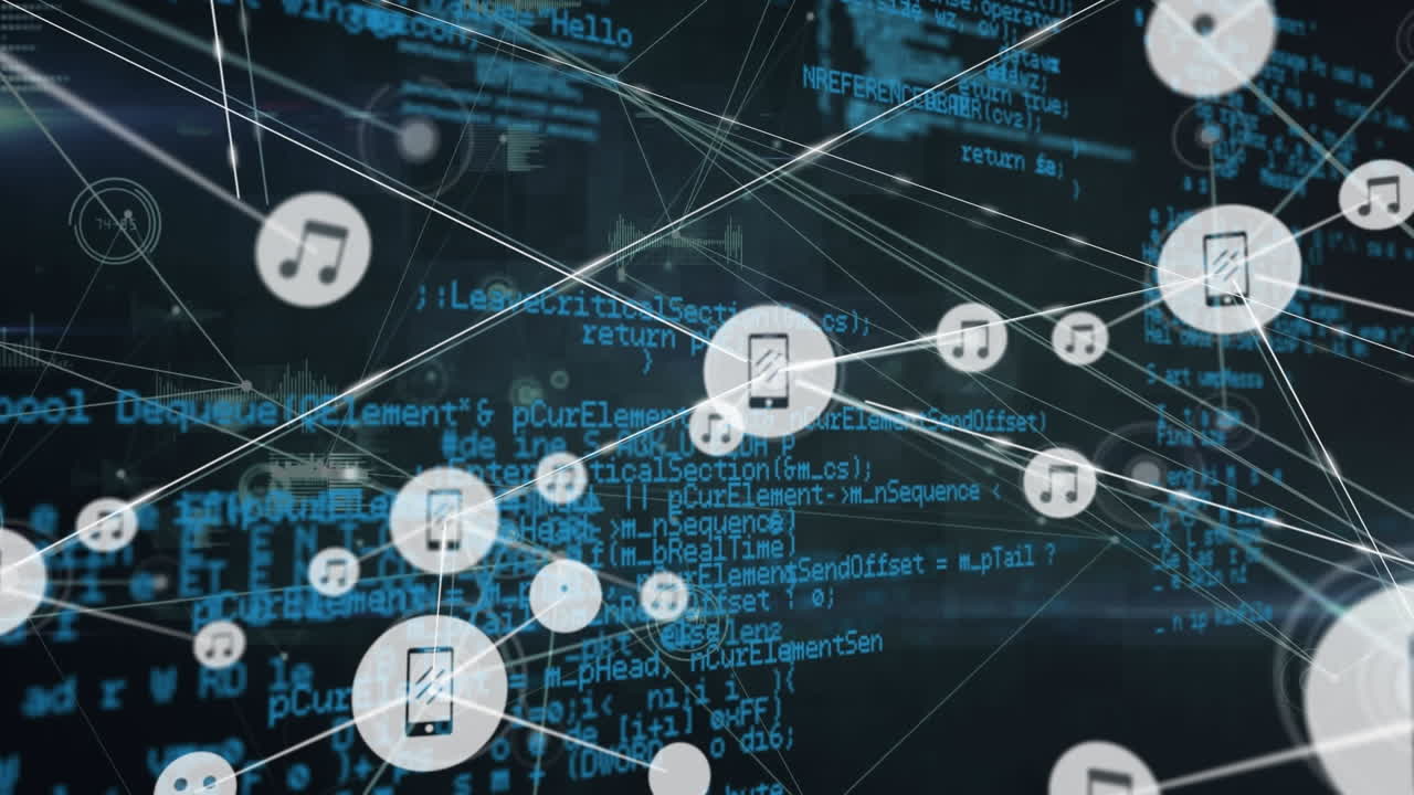 추상적인 배경에 대한 컴퓨터 언어를 통해 연결된 아이콘의 애니메이션