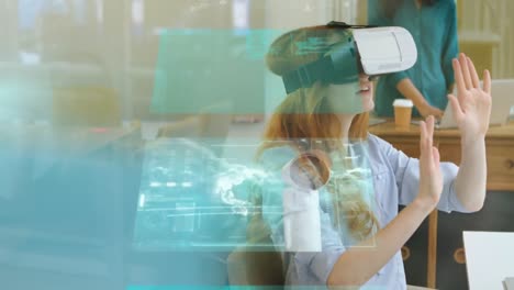 animación del procesamiento de datos sobre una mujer caucásica que usa auriculares vr
