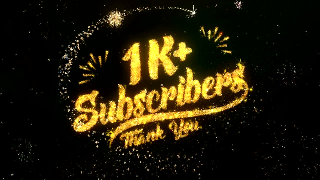 1k 가입자 인사 및 소원 카드는 반이는 입자 및 반이는 빛의 어두운 밤 하늘과 다채로운 불꽃놀이 4k 배경으로 만들어졌습니다.
