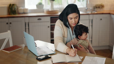 working mother, laptop and writing with baby