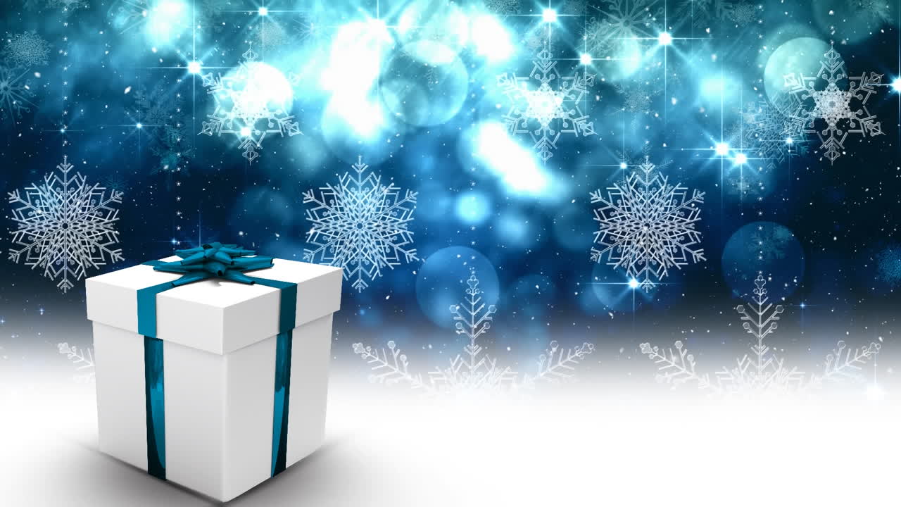 animación de la caída de nieve y decoraciones de copos de nieve con luces azules y regalo de navidad blanco.
