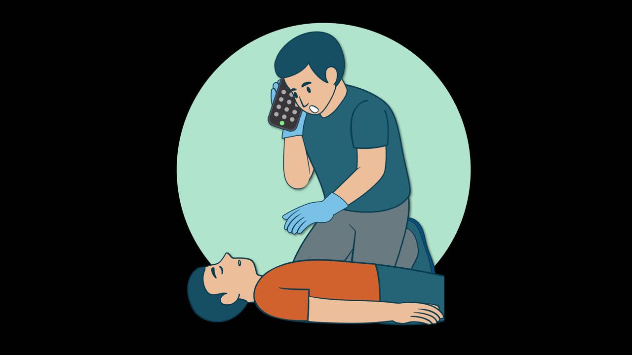 Responder calls emergency services while kneeling beside unconscious person, illustrated with flat vector style