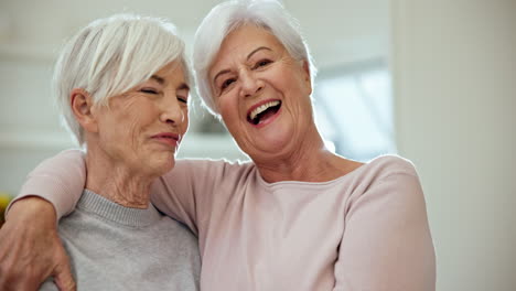 senior friends, hug and smile for portrait in home