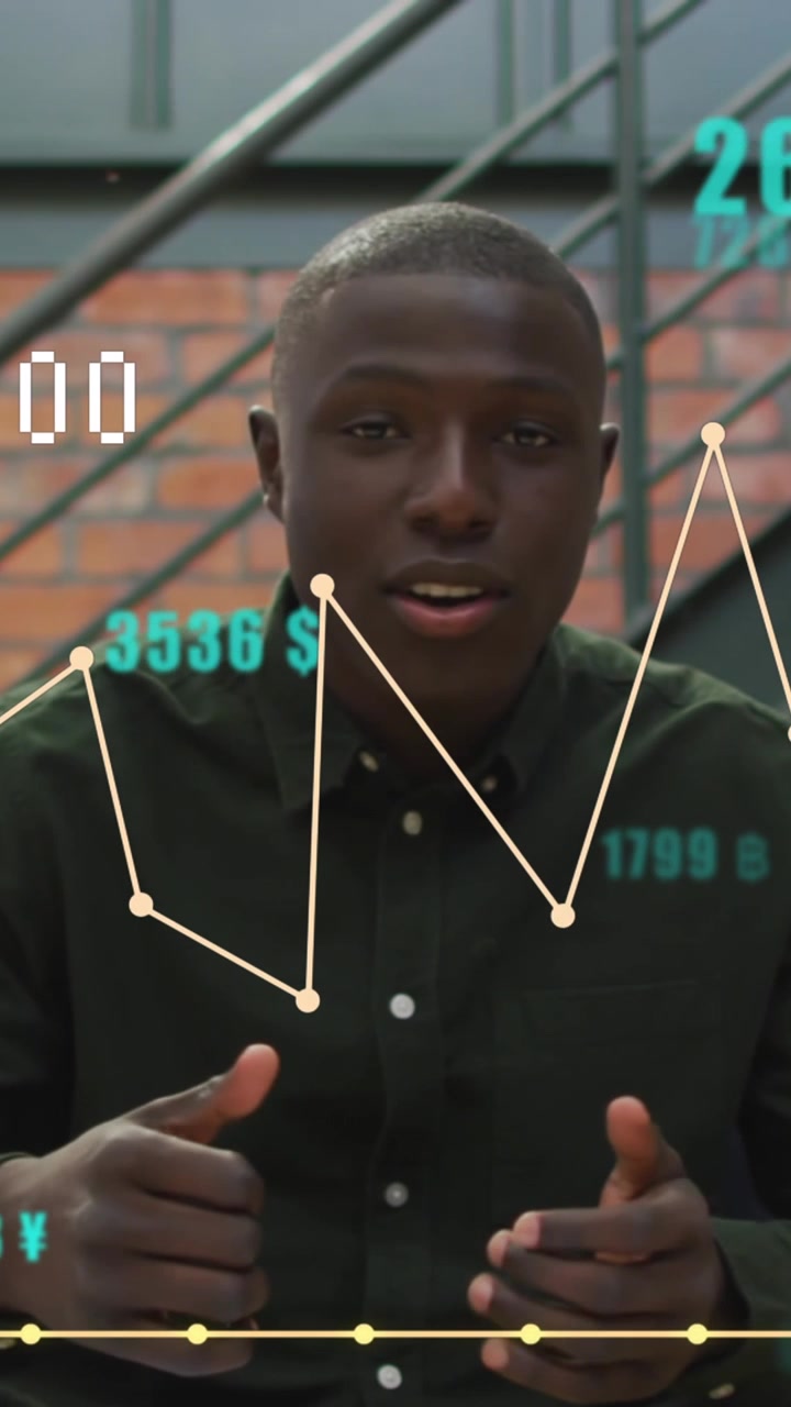 Animación del procesamiento de datos sobre un empresario afroamericano en una oficina
