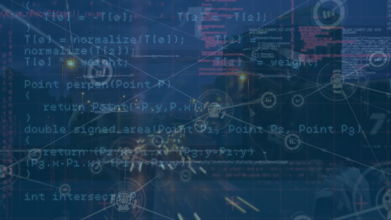 animación de una red de iconos digitales y procesamiento de datos sobre una vista aérea del tráfico de la ciudad por la noche