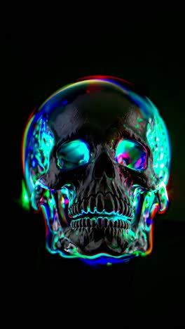 a close-up, front-facing angle of a reflective skull with vibrant neon lighting, creating a surreal