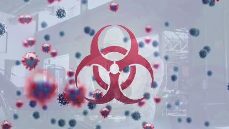 biohazard symbol and covid-19 cells over group of health workers cleaning the gym using disinfectant