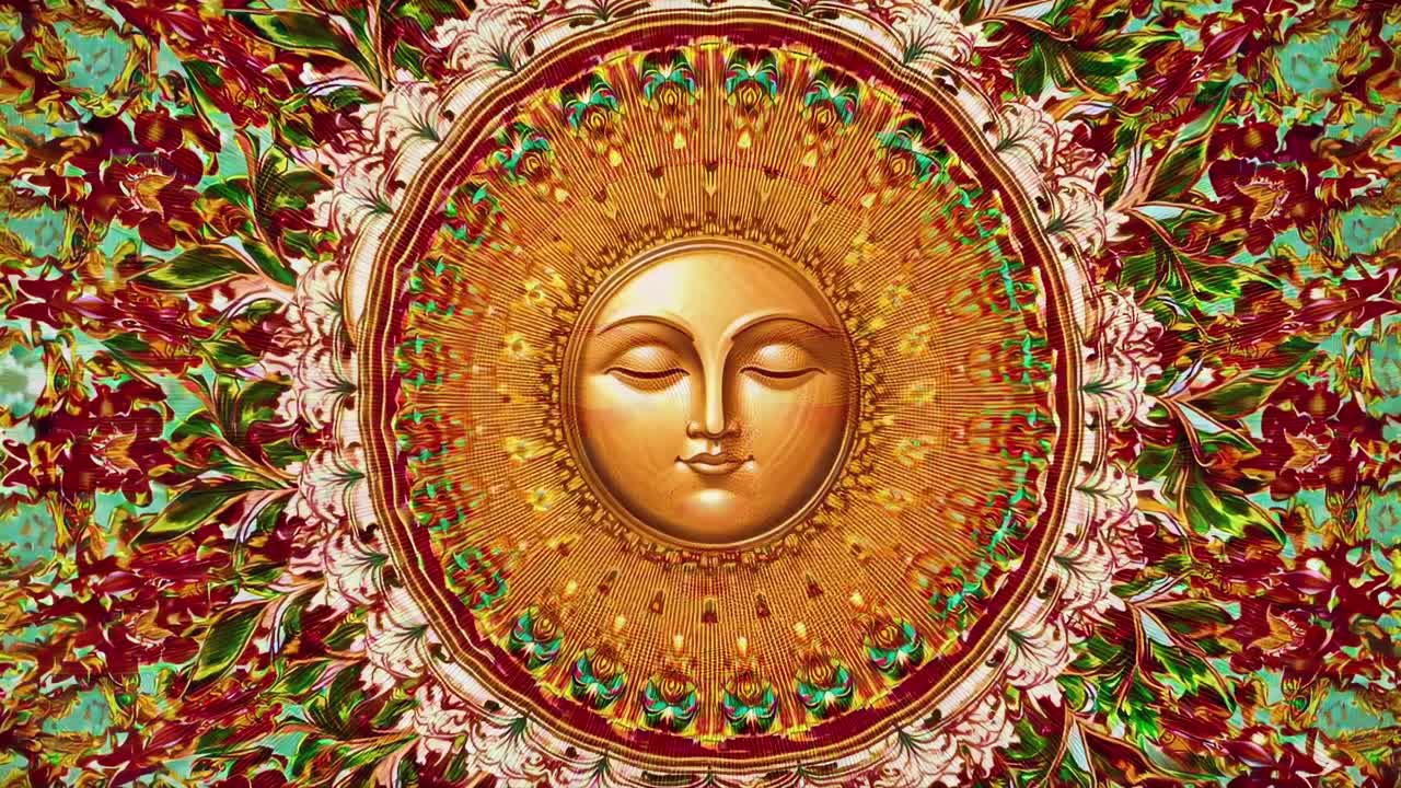 Vibrant mandala with a serene sun face at the center, captured from a top-down angle