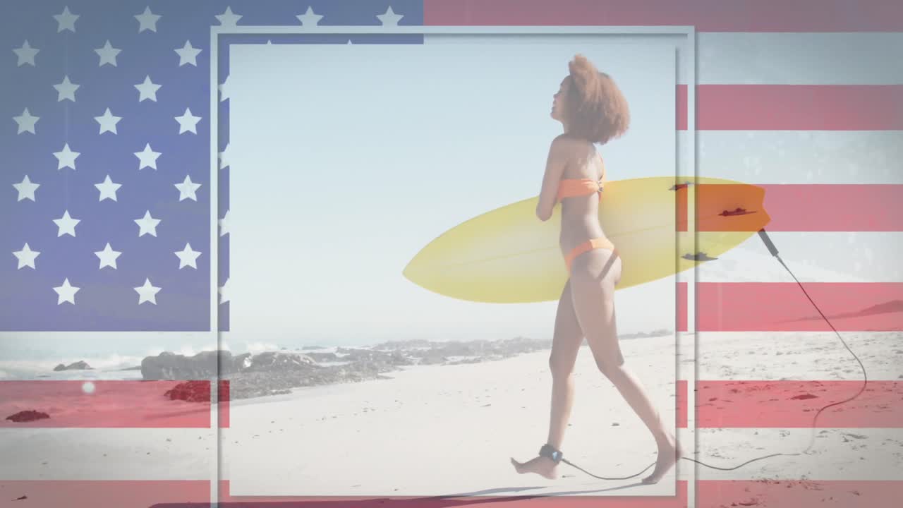 bandera estadounidense con efecto de falla contra mujer afroamericana con tabla de surf corriendo en la playa