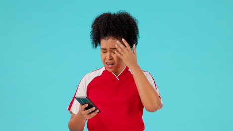 stress, phone and soccer woman in studio with bad