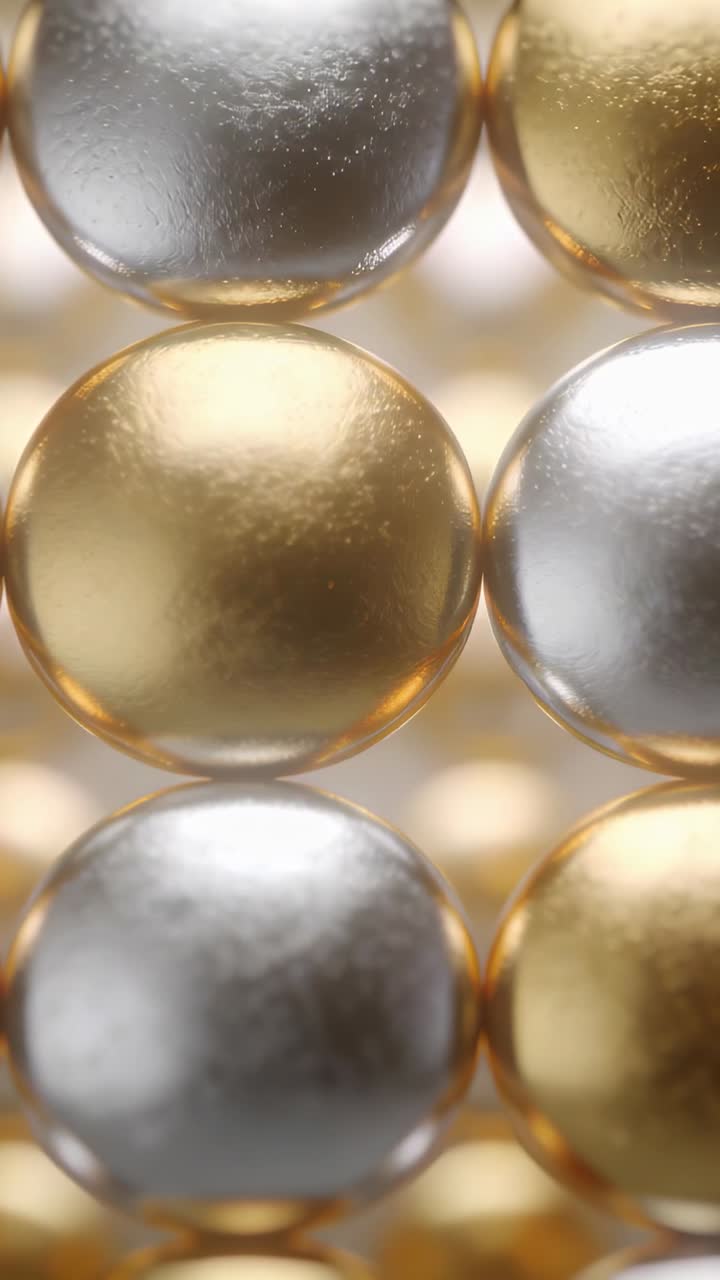 Video verticale: Obiettivo a fuoco che mostra una sfera centrale dorata tra sfere argentate in studio, rivelando la texture.