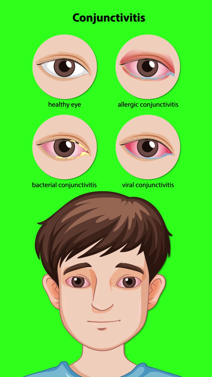 Ragazzo cartone animato con primi piani degli occhi, che illustrano i tipi di congiuntivite sana, allergica, batterica e virale.