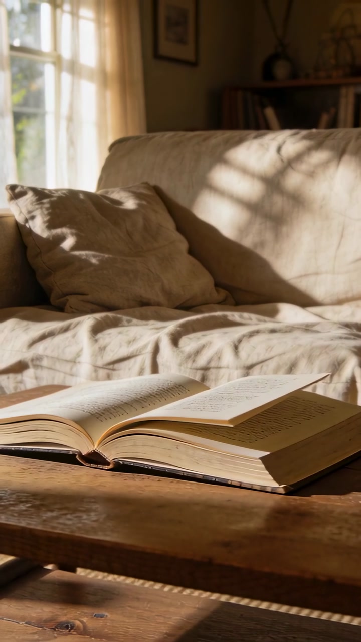 Vertical video: Pulling back camera revealing open book on wood table, showing cozy reading nook