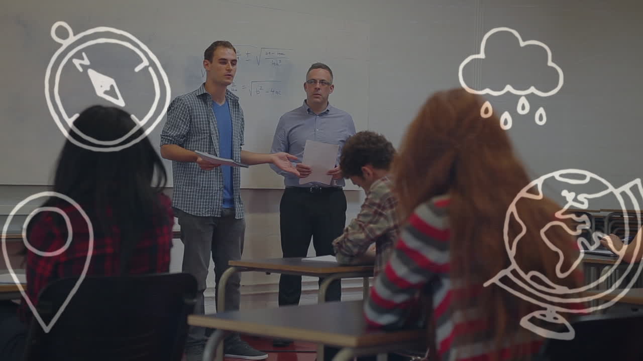 animación de íconos de viajes sobre hombres caucásicos haciendo presentación