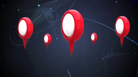 Floating red location pins with digital network animation on dark background