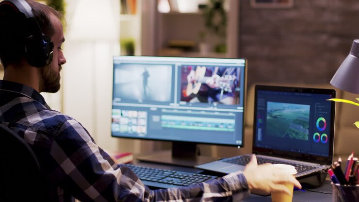 Hombre editando vídeo con software profesional