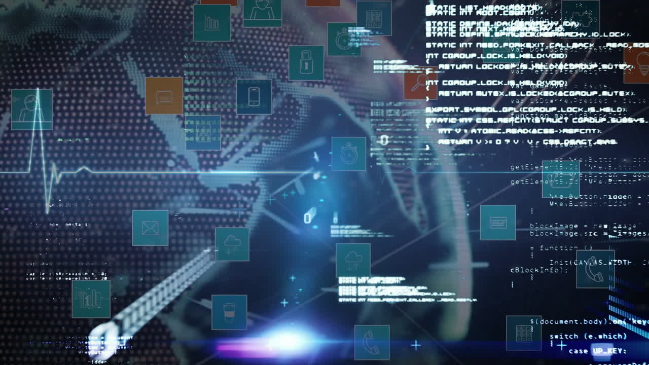 Digital data icons and coding animation over person working on computer