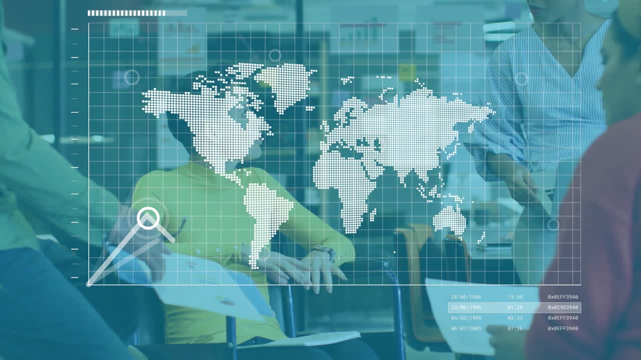 Business colleagues tapping tablet, activating transparent world map, graph animating data flow