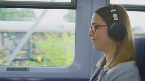 businesswoman with takeaway coffee wearing wireless headphones commuting to work on train