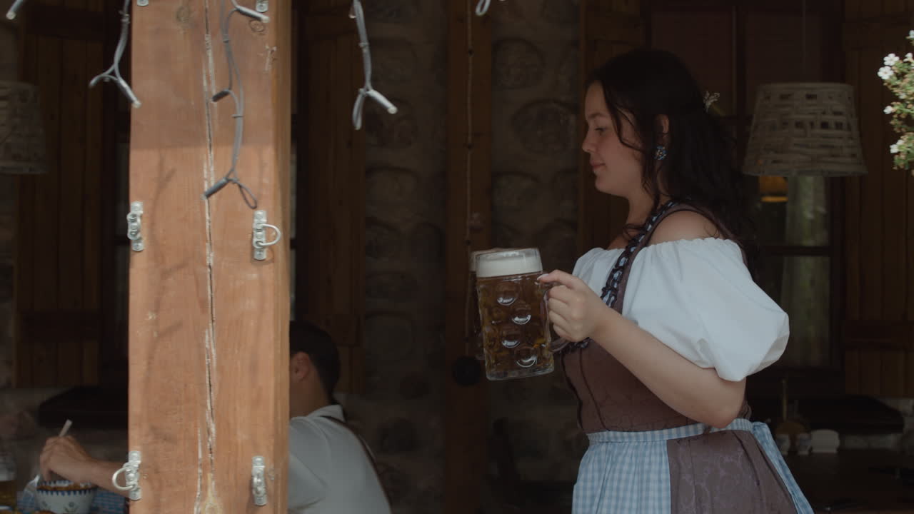 People in traditional clothing drinking beer