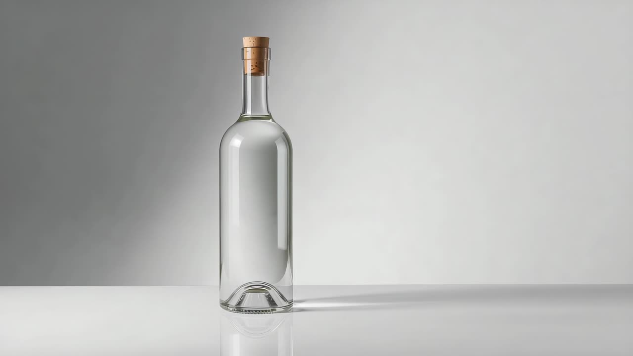 Showing clear glass bottle sealed by wooden cork sitting on white tabletop, grey gradient backdrop