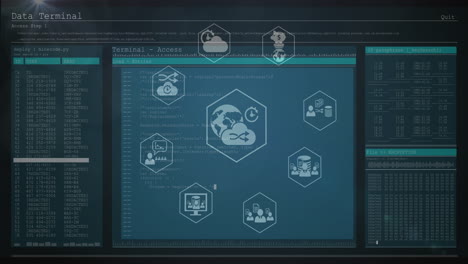 animación de iconos digitales que giran sobre el procesamiento de datos contra un fondo negro