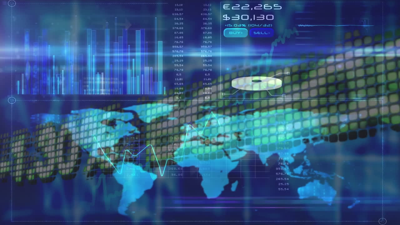 Animation of statistics and financial data processing over world map