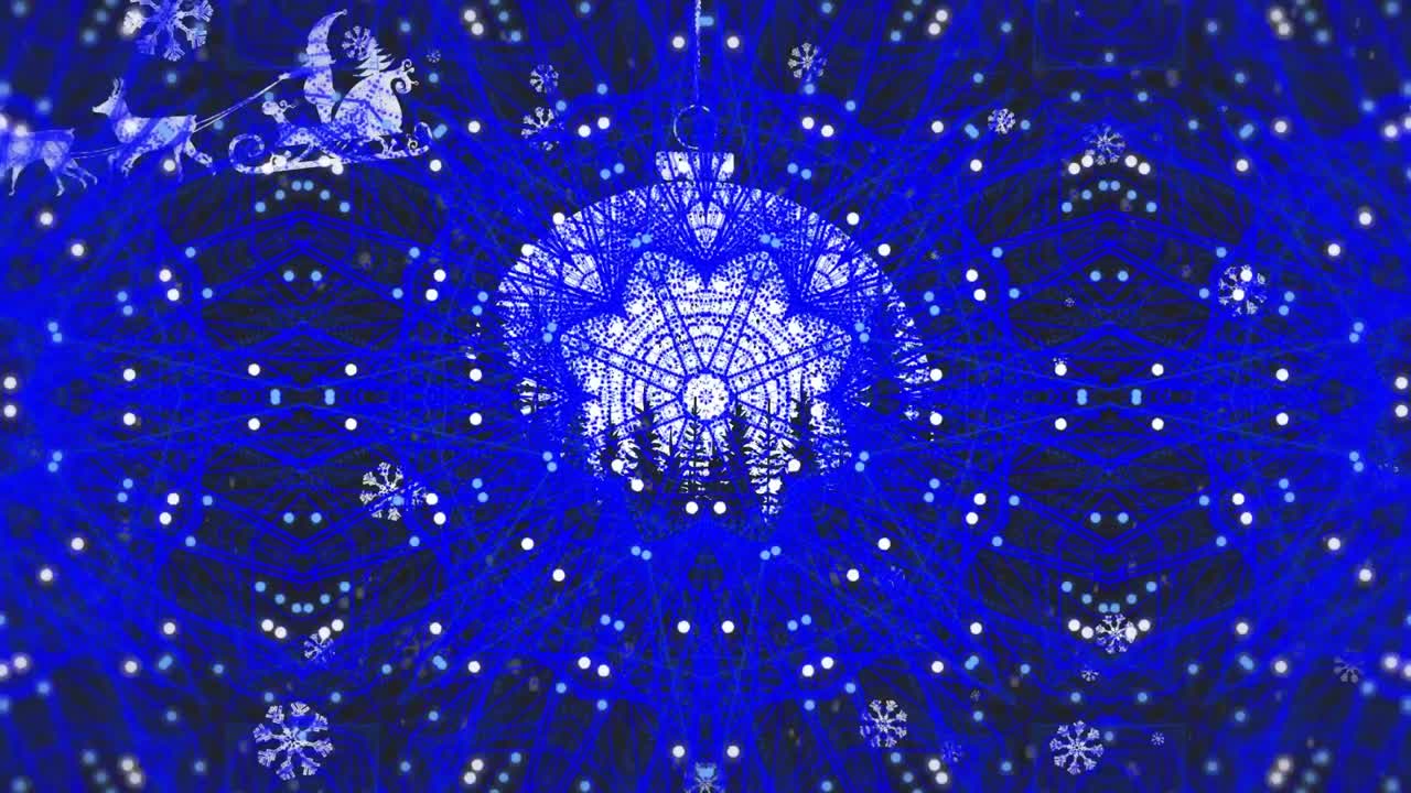 눈이 떨어지고 겨울 풍경 위에 걸려있는 구슬에 대한 칼레이도스코프 패턴