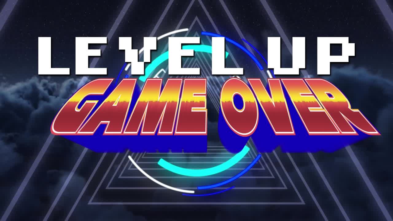 Animazione del testo "GAME OVER" e "LEVEL UP" sopra forme astratte al neon.