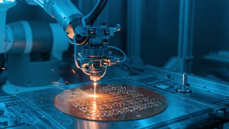 exploring advanced robotics: a high-tech industrial robot utilizing laser technology for precision manufacturing of complex circuits in a futuristic environment