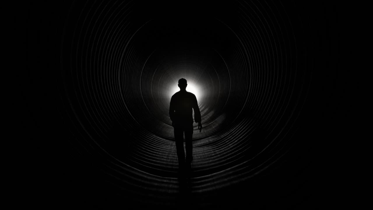 Silhouette Of Man Walking Towards Light In Dark Tunnel