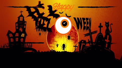 animation of happy halloween, bats, cemetery and eye on orange background