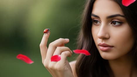 A Serene Moment Captured: A Young Woman Delicately Balancing a Ladybug on Her Finger While Surrounded by Floating Rose Petals in a Soft, Natural Background
