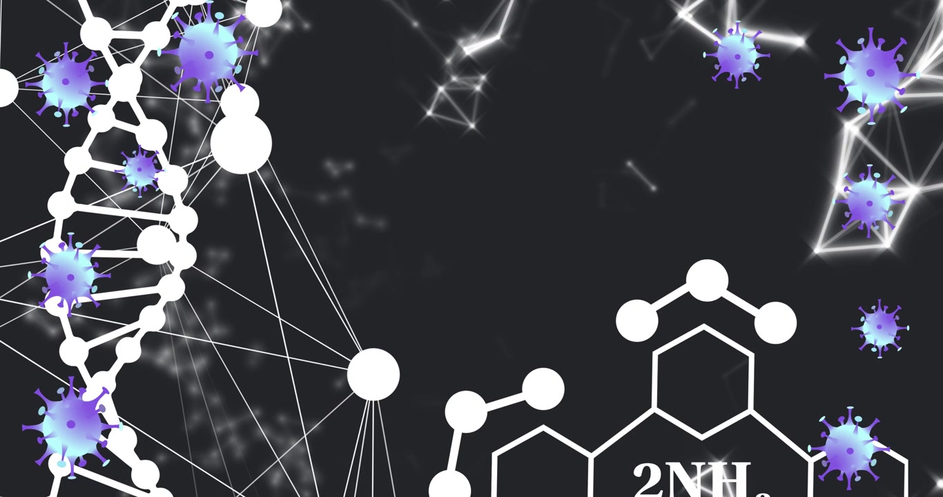 Animation of falling cells and chemical formulas over black background