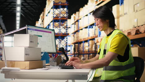 vertical video asian employee scanning shipping labels and barcodes on packages