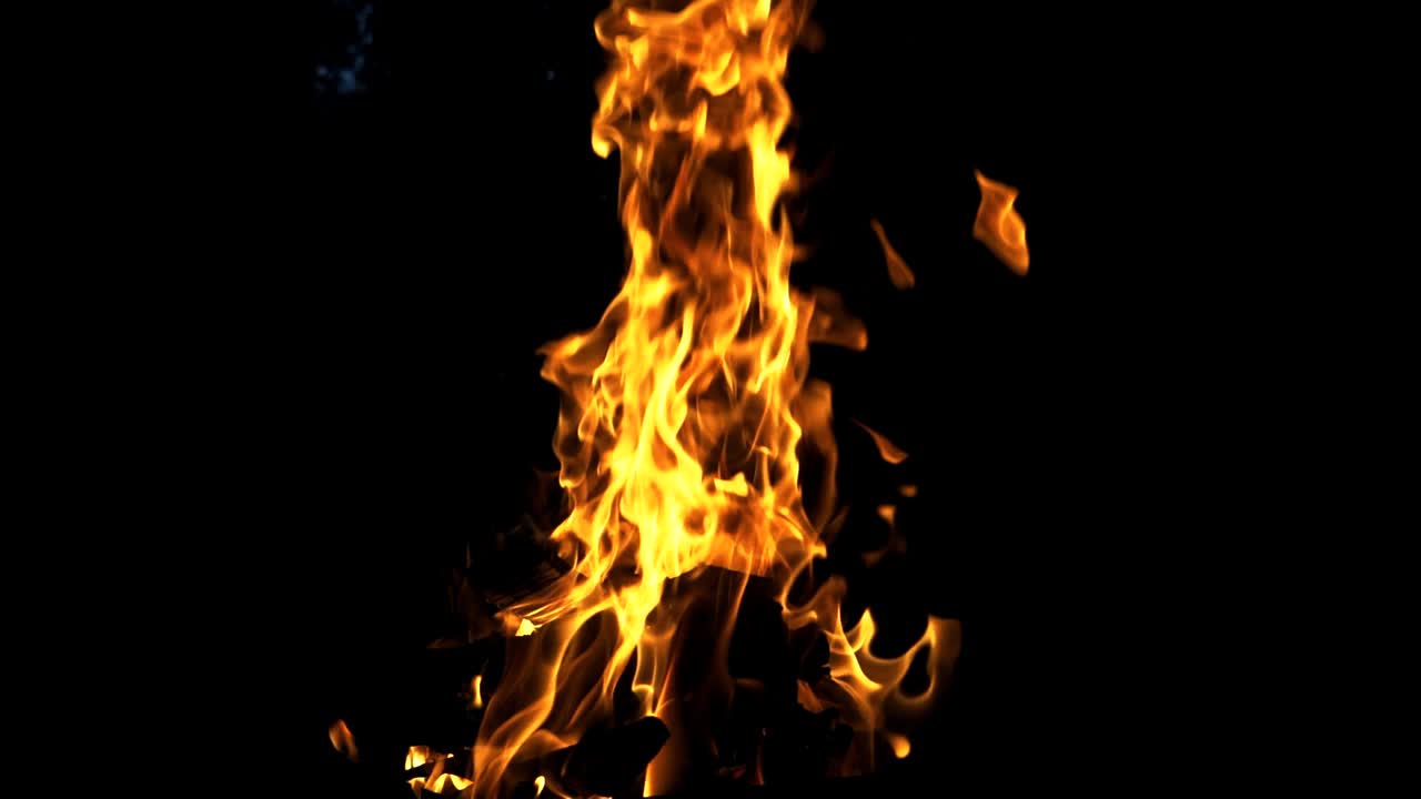 Bright camping fire burning on dark background at night. Big orange flame moving on black. Slow motion