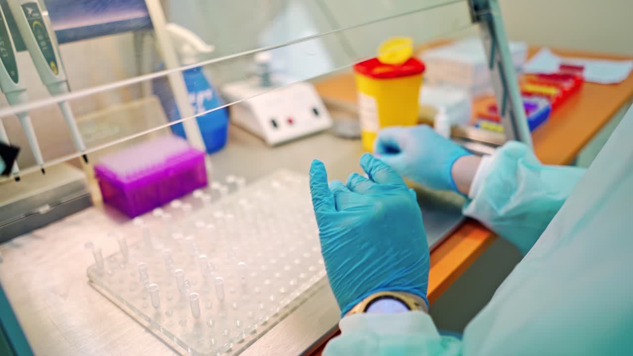 Laboratory assistant working with vials in clinic. Medical worker drops liquid into test tubes from small plastic jar.