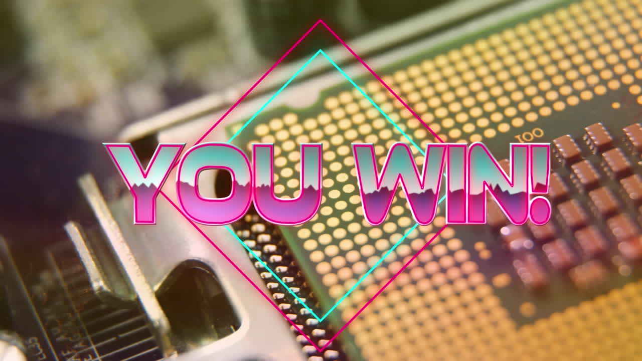 You win text on neon squares against close up of microprocessor connections on motherboard