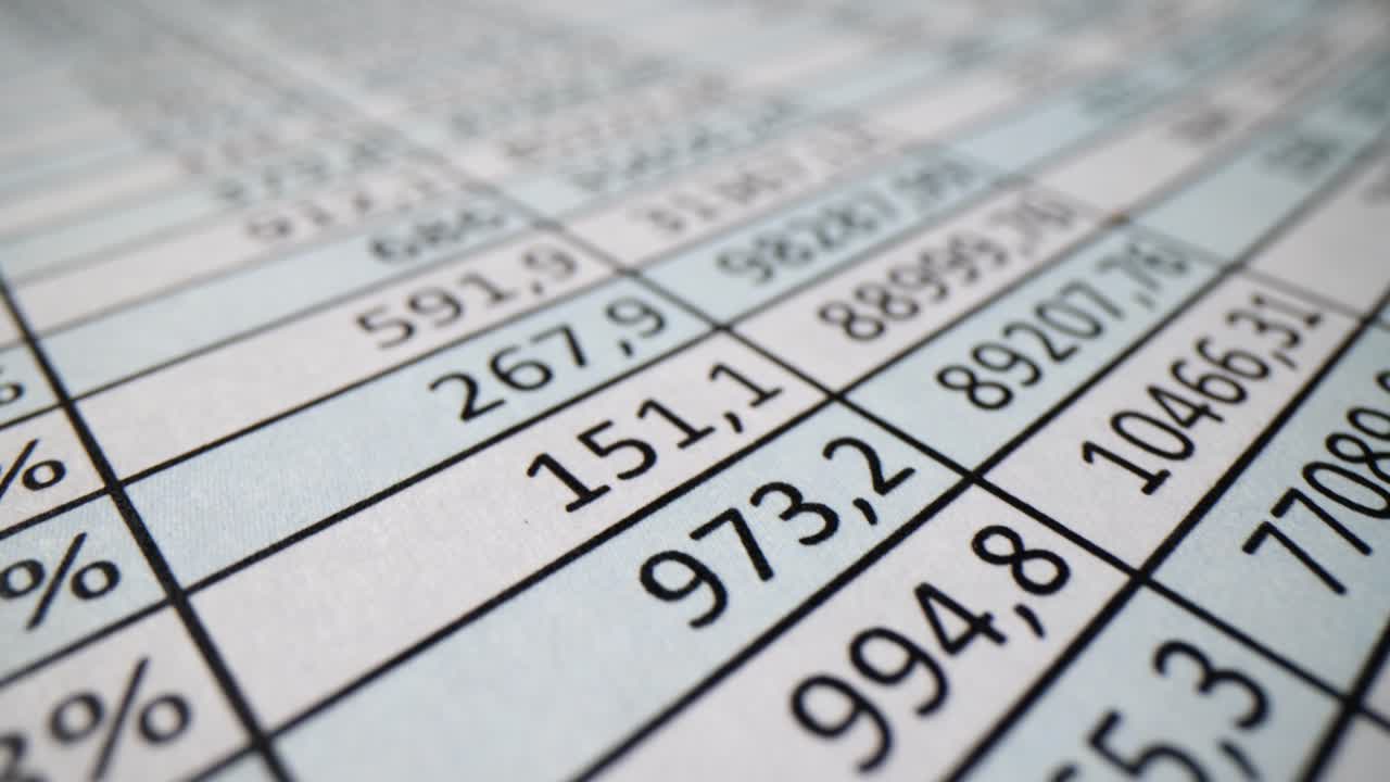 Close-up of a Spreadsheet with Financial Data and Numbers