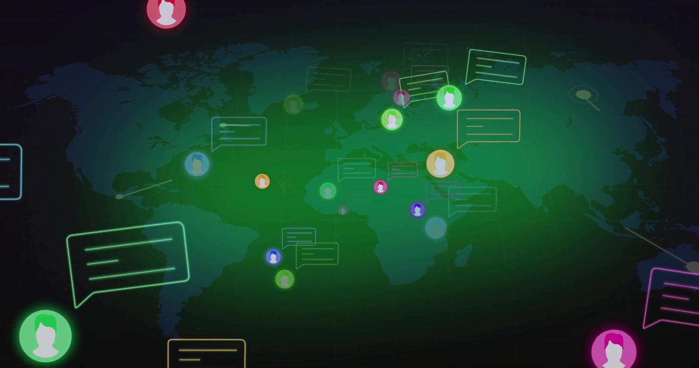 Mappa con sfumatura scura che appare gradualmente, avatar colorati che compaiono, collegando le regioni, mostrando una rete di chat globale
