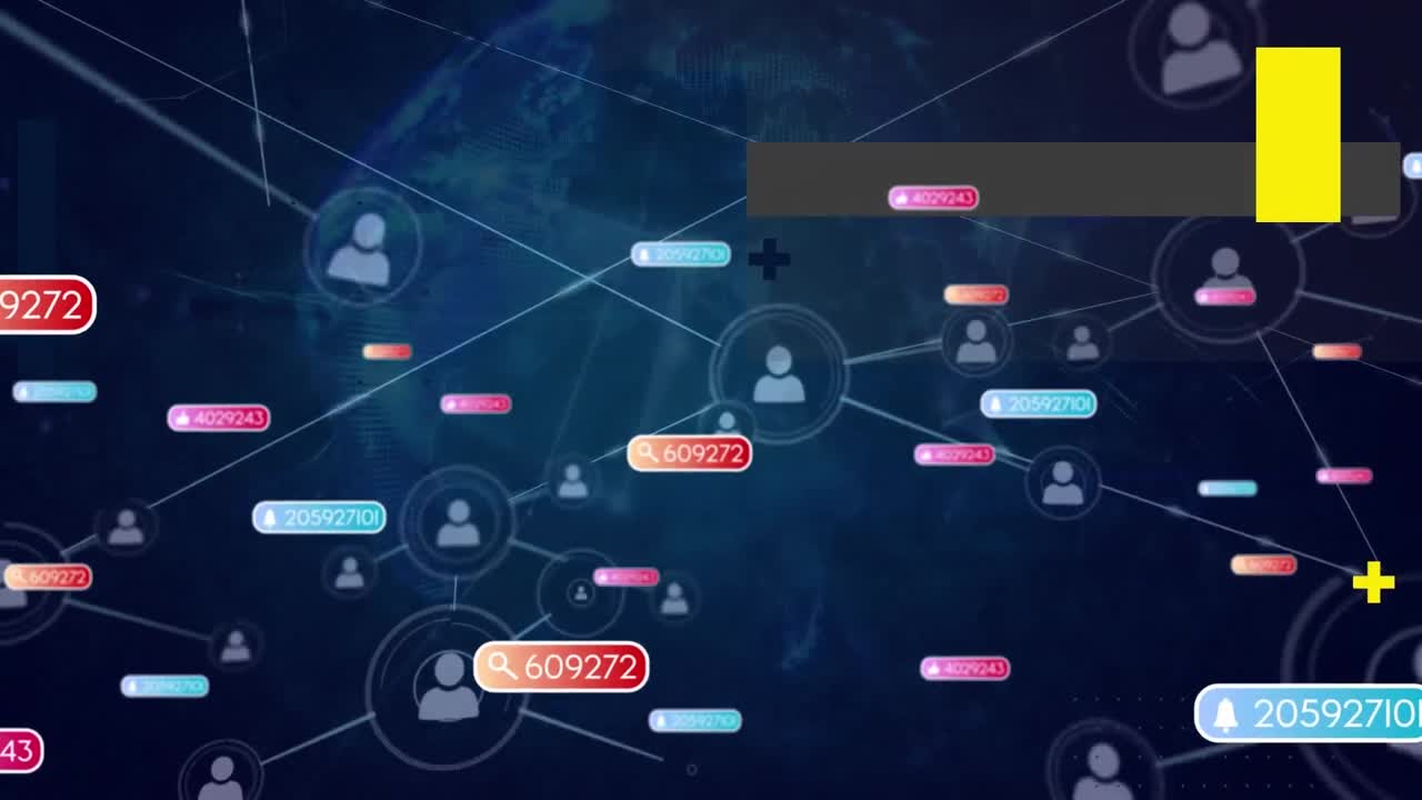 Animation of media icons and network of connections over globe